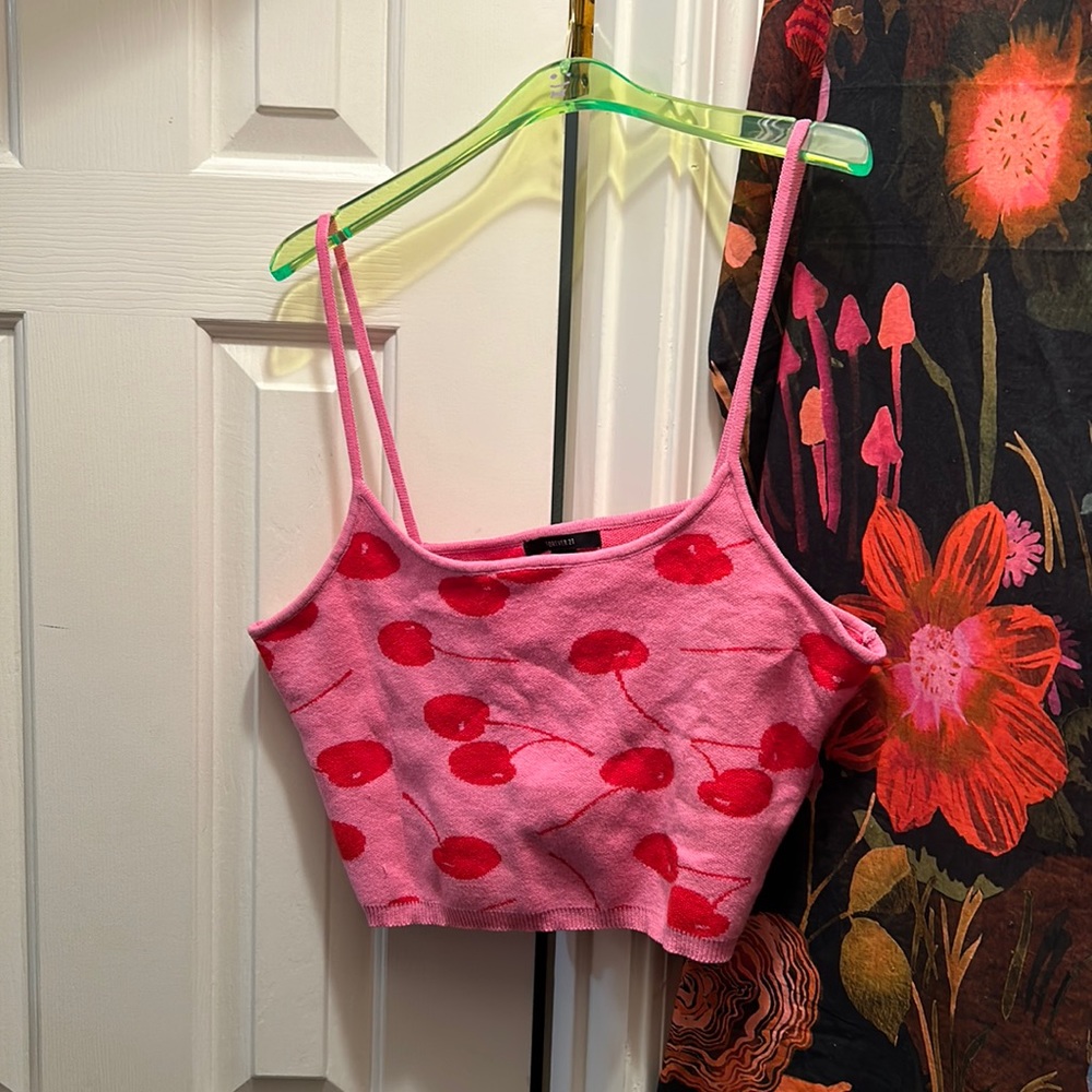 Cherry Print Sweater-Knit Cropped Cami